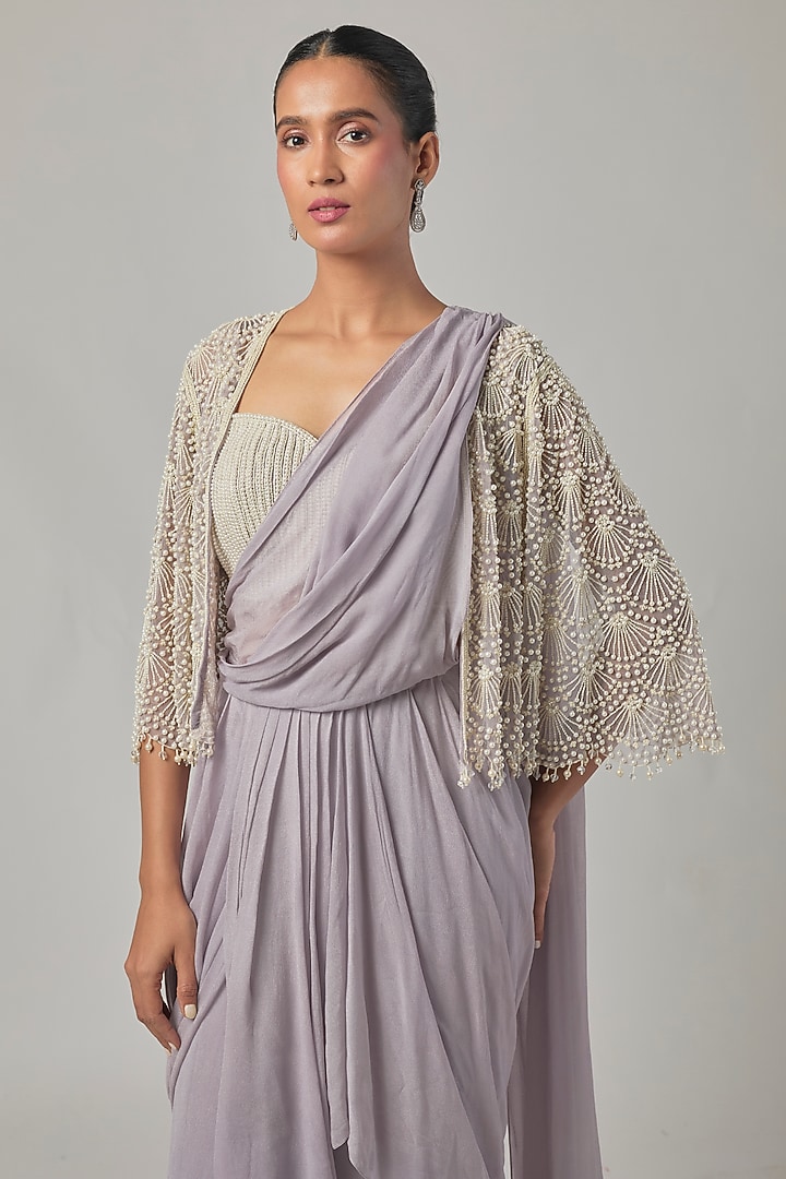 Lilac Georgette Jacket Reception Saree Set by Malasa at Pernia's Pop Up Shop