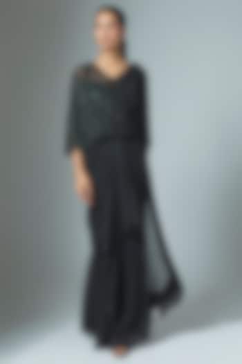 Black Georgette Bead & Cutdana Work Wedding Saree Set by Malasa at Pernia's Pop Up Shop