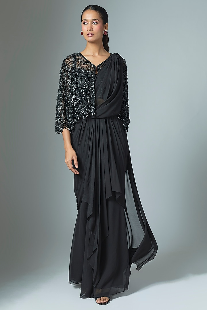 Black Georgette Bead & Cutdana Work Wedding Saree Set by Malasa at Pernia's Pop Up Shop