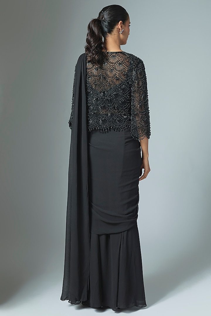 Black Georgette Bead & Cutdana Work Reception Saree Set by Malasa at Pernia's Pop Up Shop