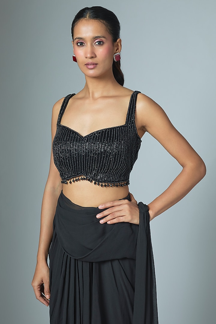 Black Georgette Bead & Cutdana Work Reception Saree Set by Malasa at Pernia's Pop Up Shop