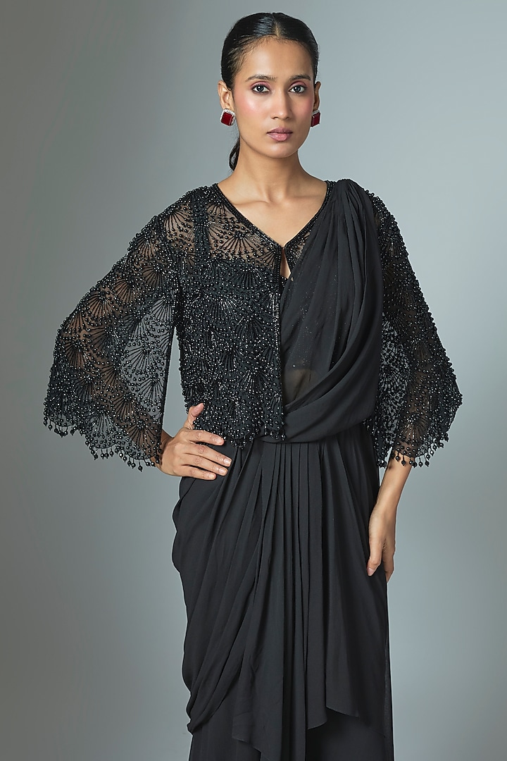 Black Georgette Bead & Cutdana Work Reception Saree Set by Malasa at Pernia's Pop Up Shop