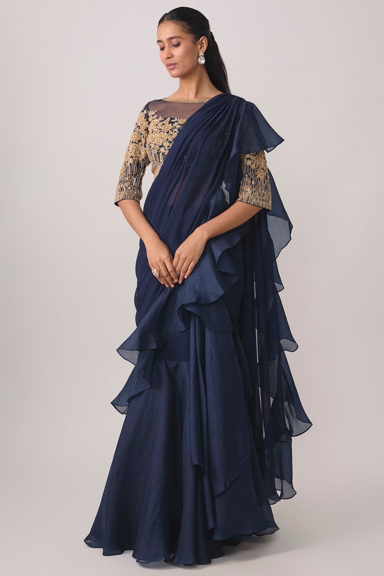 Malasa Navy Blue Georgette Bead & Cutdana Work Saree Set