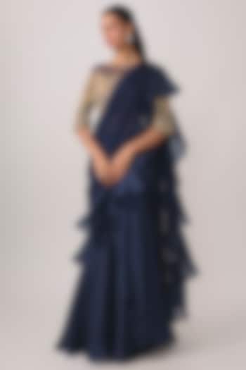 Navy Blue Georgette Bead & Cutdana Work Wedding Saree Set by Malasa at Pernia's Pop Up Shop