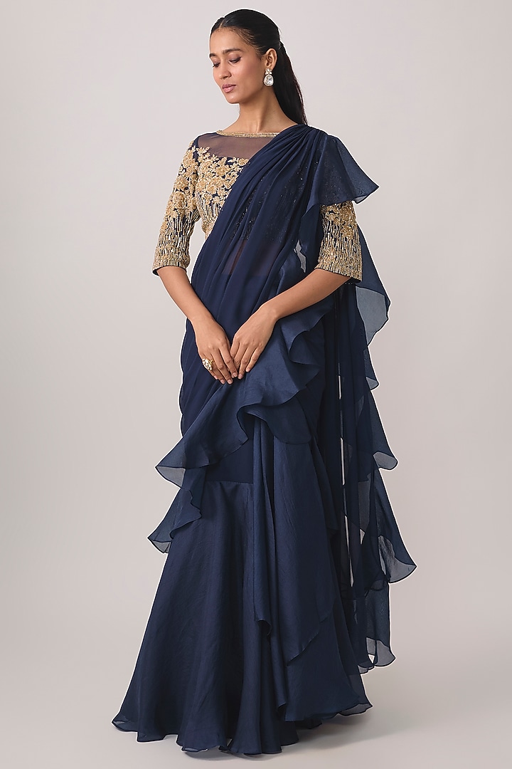 Navy Blue Georgette Bead & Cutdana Work Wedding Saree Set by Malasa at Pernia's Pop Up Shop