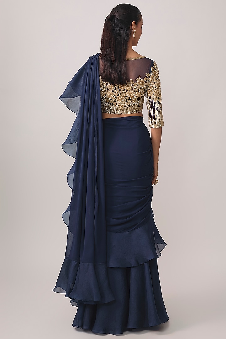 Navy Blue Georgette Bead & Cutdana Work Wedding Saree Set by Malasa at Pernia's Pop Up Shop