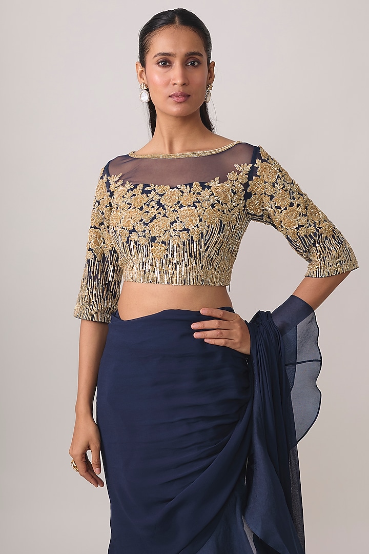 Navy Blue Georgette Bead & Cutdana Work Wedding Saree Set by Malasa at Pernia's Pop Up Shop