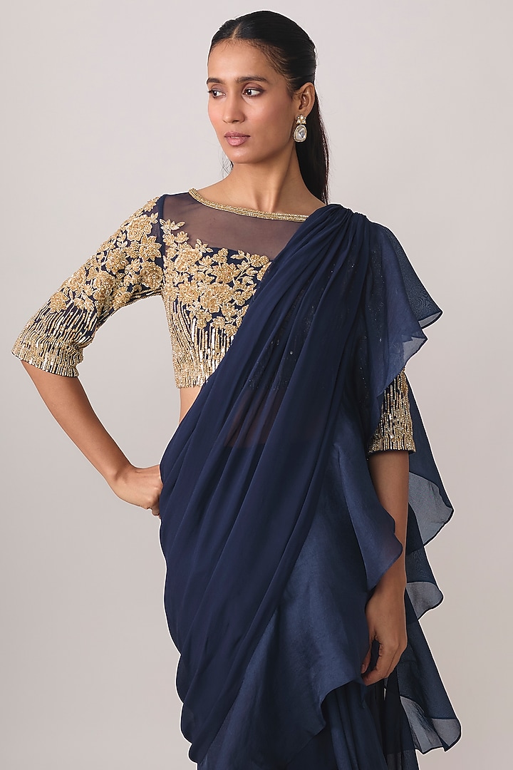 Navy Blue Georgette Bead & Cutdana Work Wedding Saree Set by Malasa at Pernia's Pop Up Shop