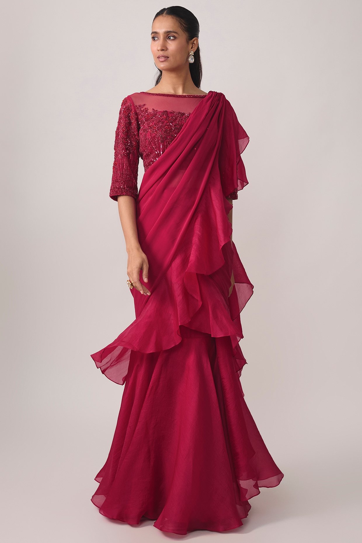 Malasa Hot Pink Georgette Bead & Cutdana Work Saree Set
