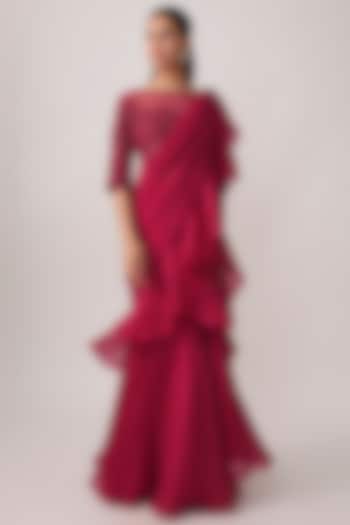 Hot Pink Georgette Bead & Cutdana Work Wedding Saree Set by Malasa at Pernia's Pop Up Shop
