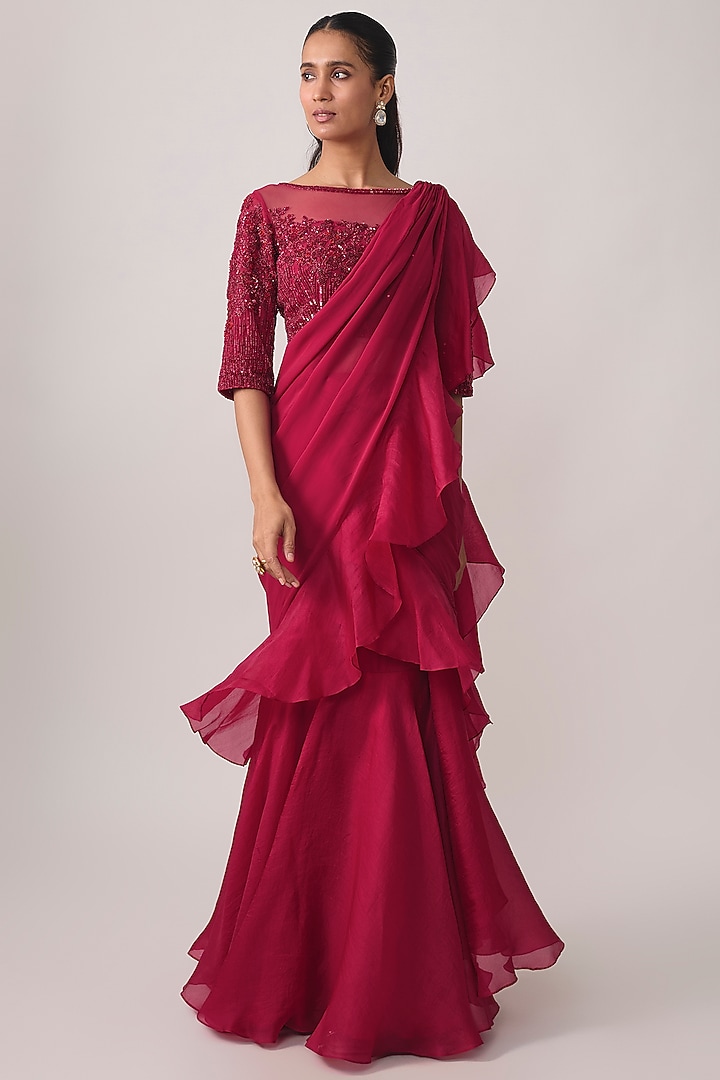 Hot Pink Georgette Bead & Cutdana Work Wedding Saree Set by Malasa at Pernia's Pop Up Shop