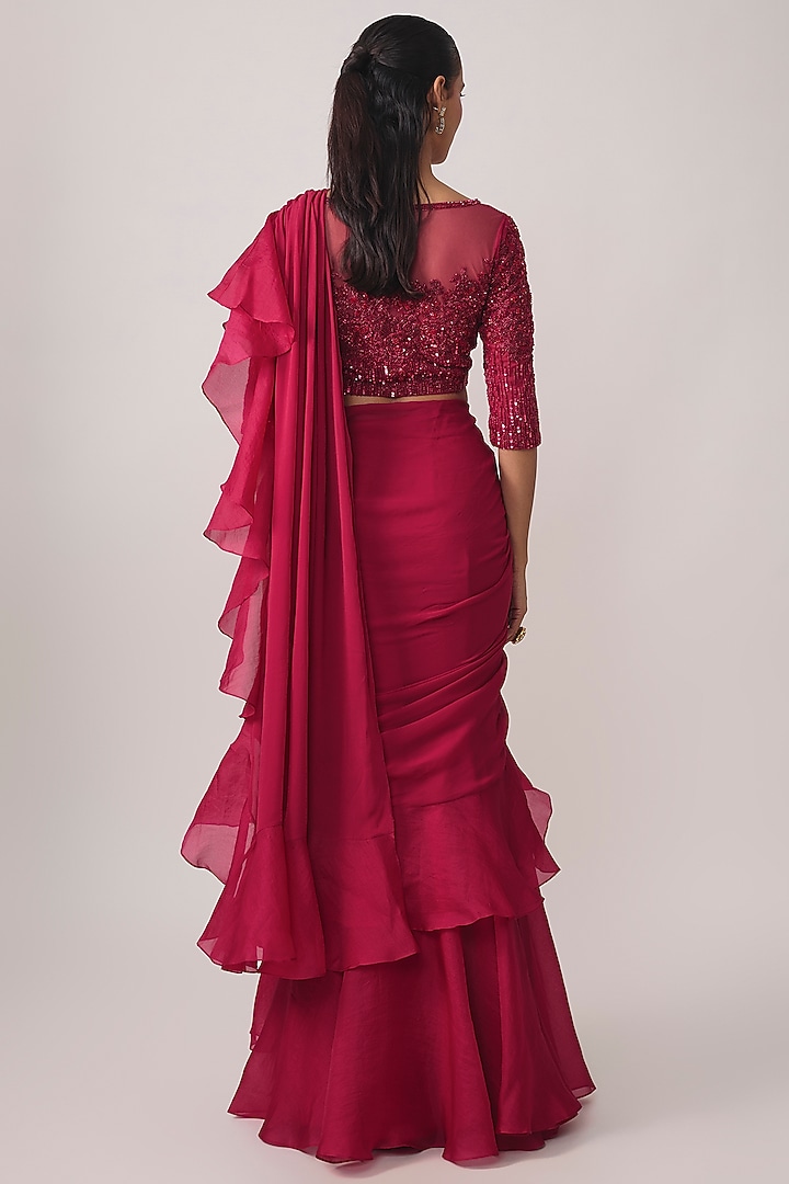 Hot Pink Georgette Bead & Cutdana Work Wedding Saree Set by Malasa at Pernia's Pop Up Shop