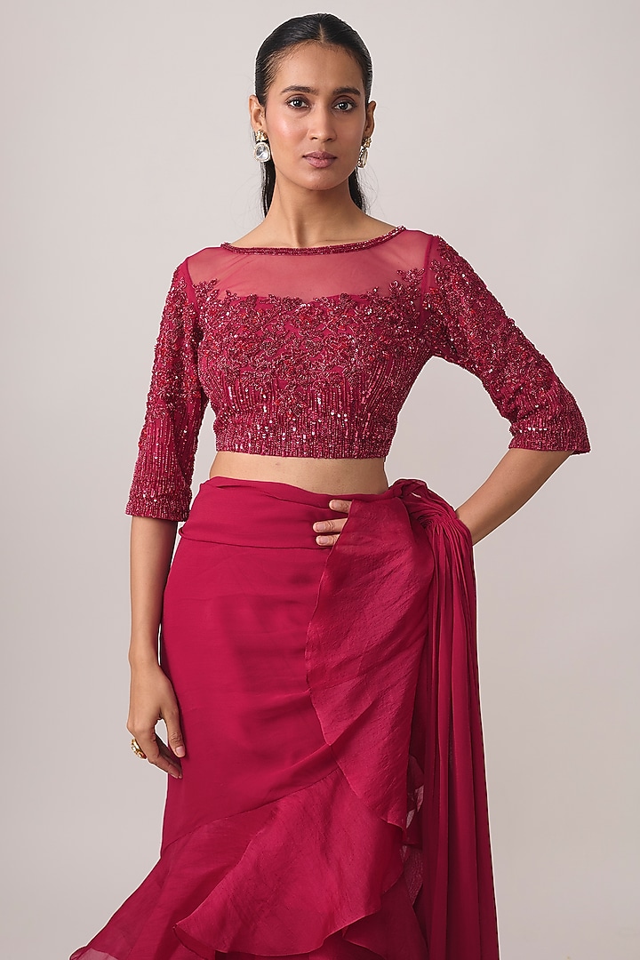 Hot Pink Georgette Bead & Cutdana Work Wedding Saree Set by Malasa at Pernia's Pop Up Shop