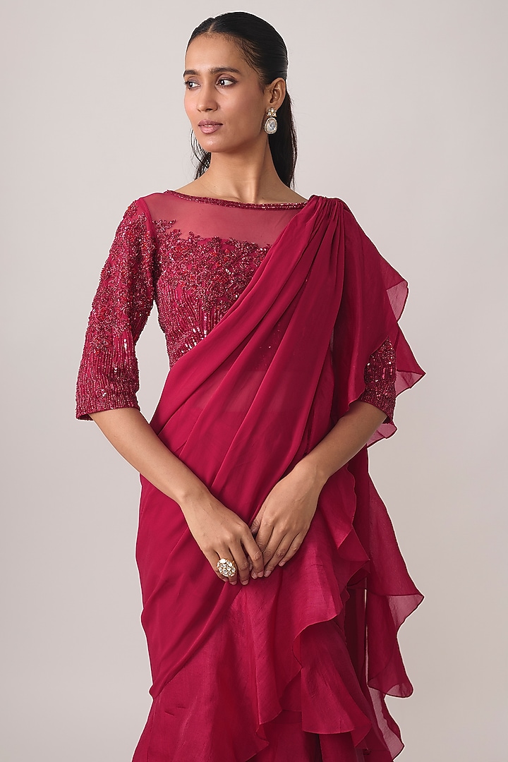 Hot Pink Georgette Bead & Cutdana Work Wedding Saree Set by Malasa at Pernia's Pop Up Shop