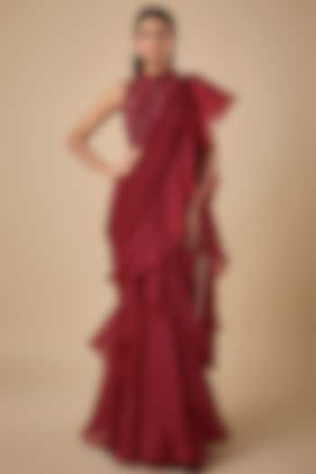 Red Georgette & Organza Cutdana Embroidered Wedding Saree Set by Malasa at Pernia's Pop Up Shop