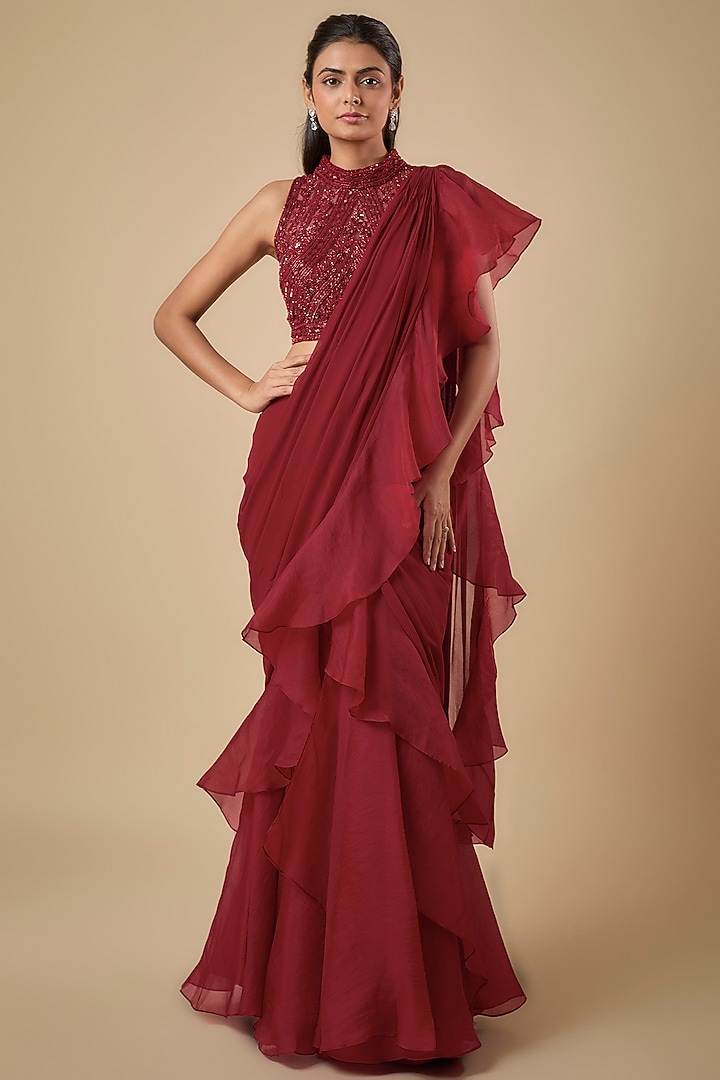Red Georgette & Organza Cutdana Embroidered Wedding Saree Set by Malasa at Pernia's Pop Up Shop