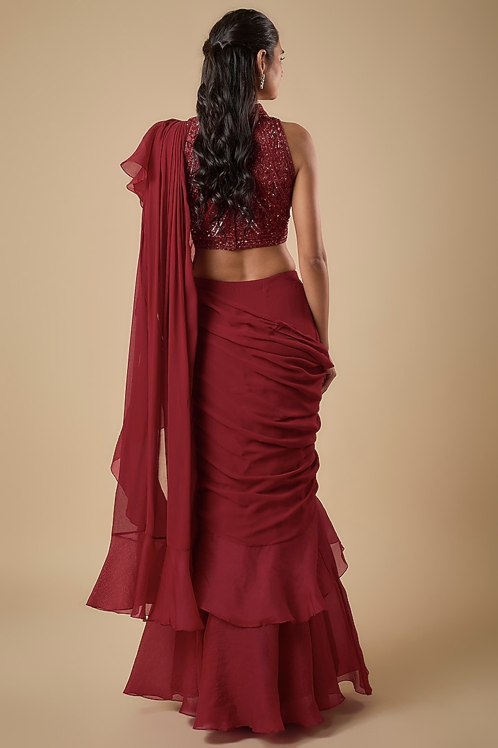 Red Georgette & Organza Cutdana Embroidered Wedding Saree Set by Malasa at Pernia's Pop Up Shop
