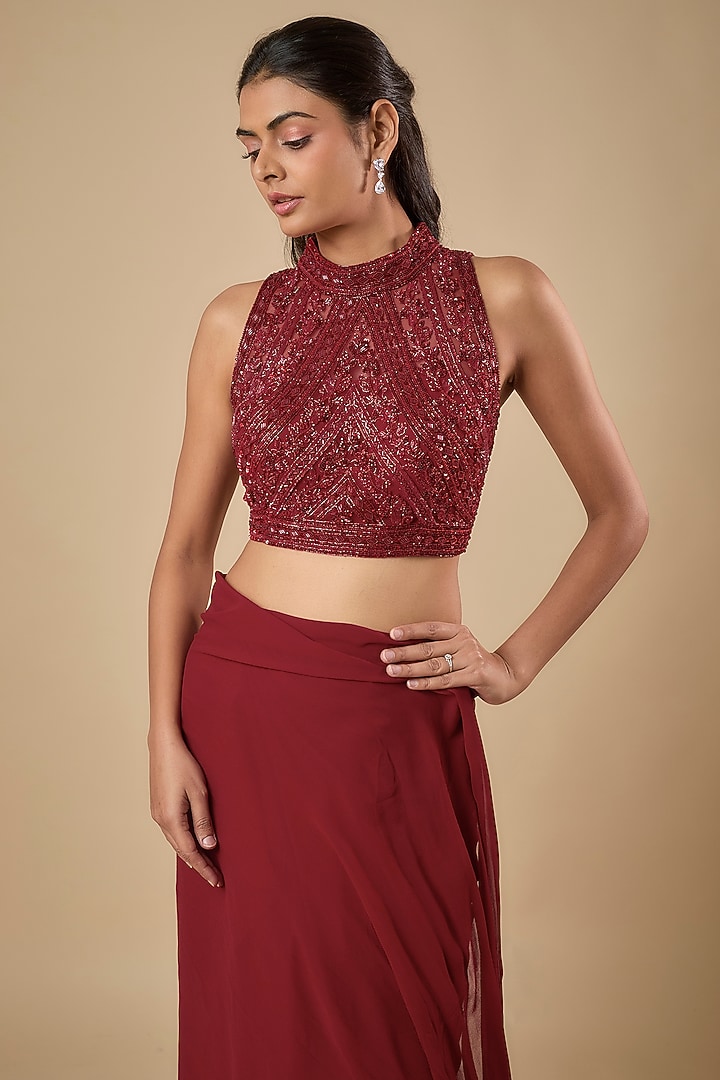 Red Georgette & Organza Cutdana Embroidered Wedding Saree Set by Malasa at Pernia's Pop Up Shop