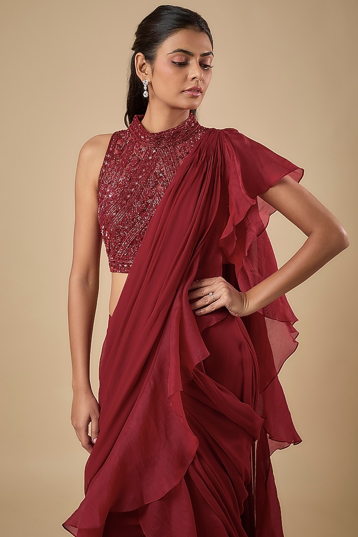 Red Georgette & Organza Cutdana Embroidered Wedding Saree Set by Malasa at Pernia's Pop Up Shop