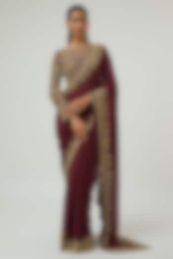 Burgundy Georgette Sequin Work Reception Saree Set by Malasa at Pernia's Pop Up Shop