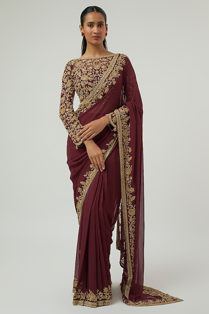 Burgundy Georgette Sequin Work Reception Saree Set by Malasa at Pernia's Pop Up Shop