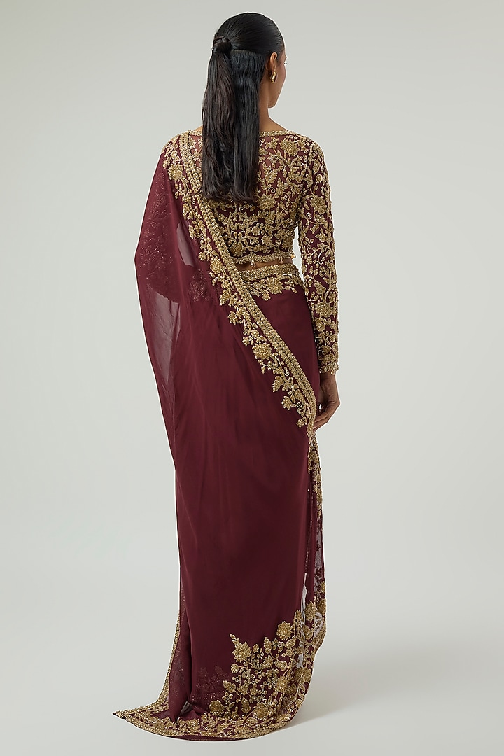 Burgundy Georgette Sequin Work Reception Saree Set by Malasa at Pernia's Pop Up Shop
