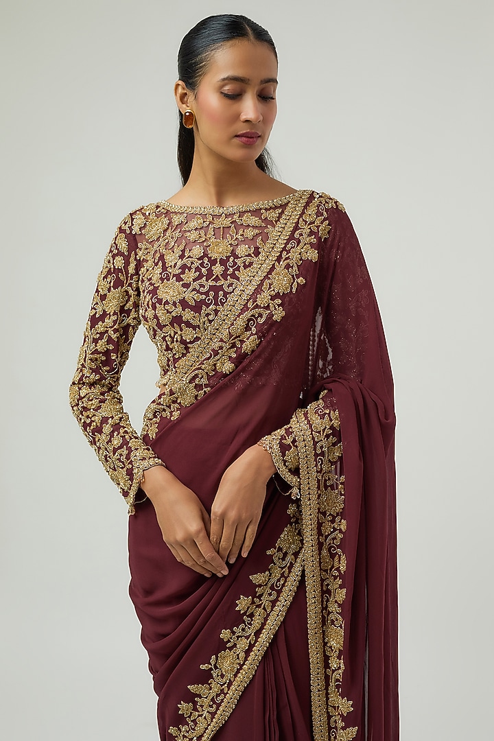 Burgundy Georgette Sequin Work Reception Saree Set by Malasa at Pernia's Pop Up Shop