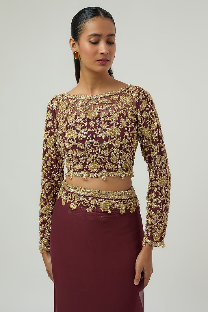 Burgundy Georgette Sequin Work Reception Saree Set by Malasa at Pernia's Pop Up Shop