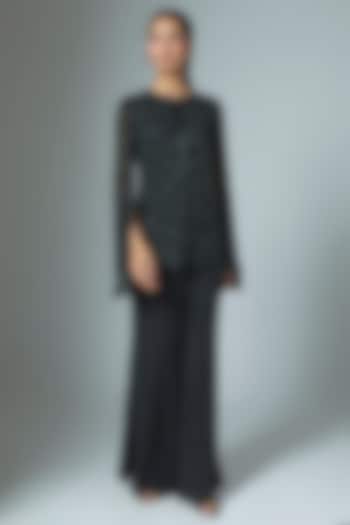 Black Net Bead & Cutdana Work Jacket Set by Malasa at Pernia's Pop Up Shop