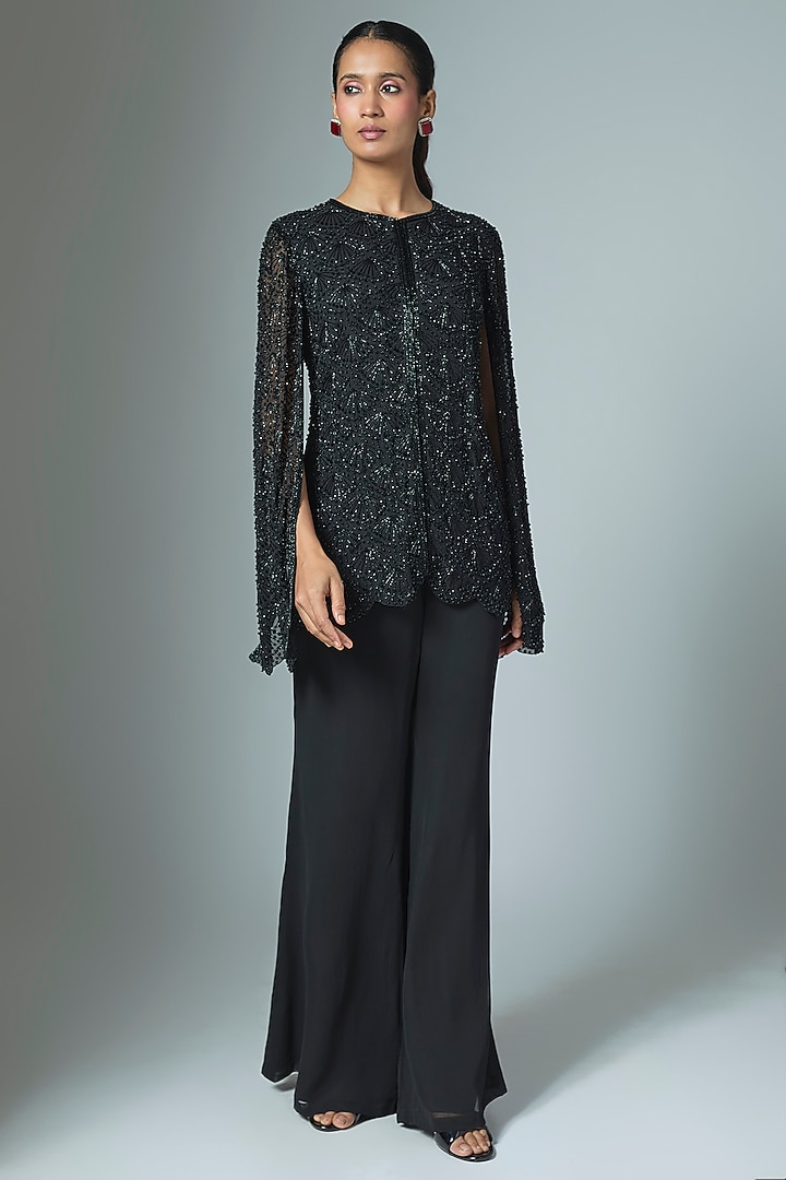 Black Net Bead & Cutdana Work Jacket Set by Malasa at Pernia's Pop Up Shop
