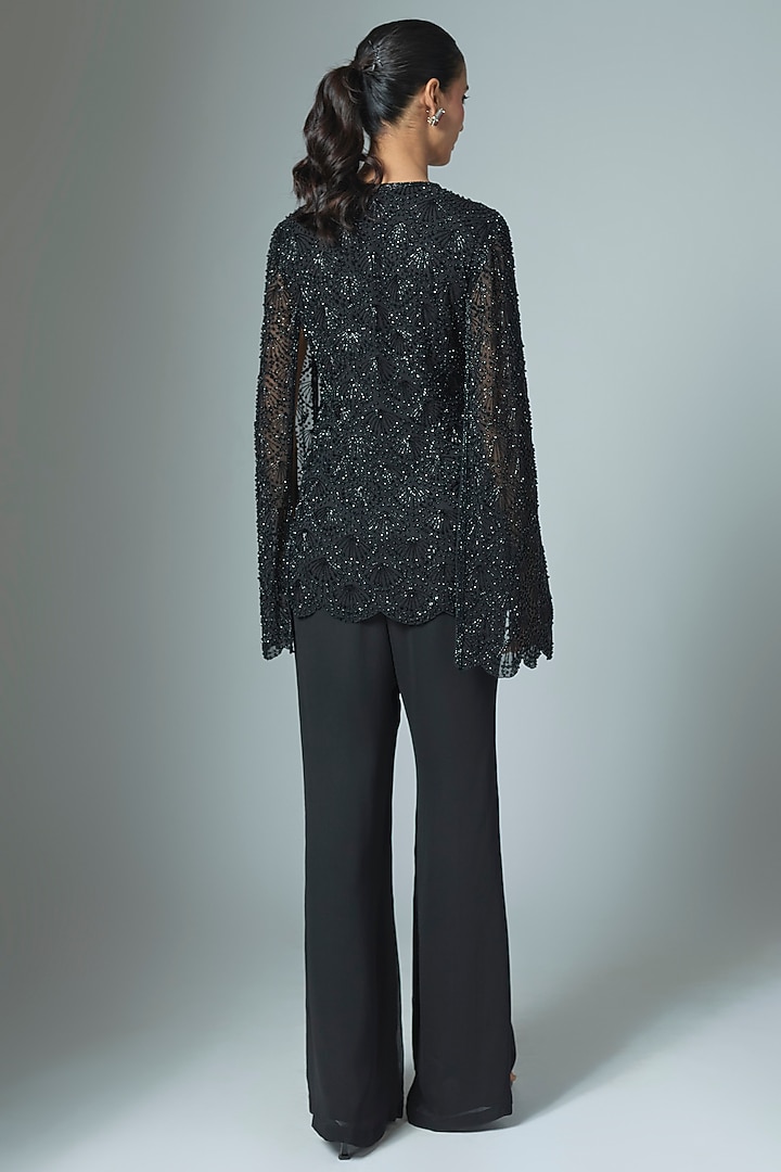 Black Net Bead & Cutdana Work Jacket Set by Malasa at Pernia's Pop Up Shop