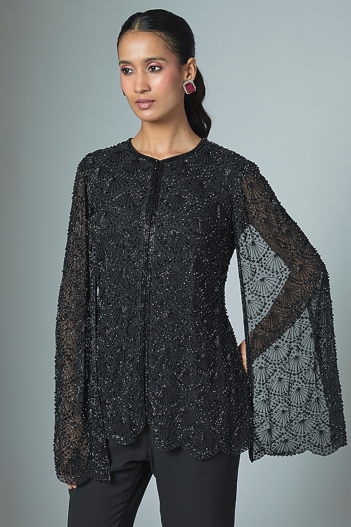 Black Net Bead & Cutdana Work Jacket Set by Malasa at Pernia's Pop Up Shop