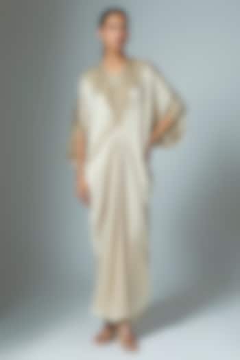 Beige Crinkle Satin Cutdana & Seep Work Kaftan by Malasa at Pernia's Pop Up Shop