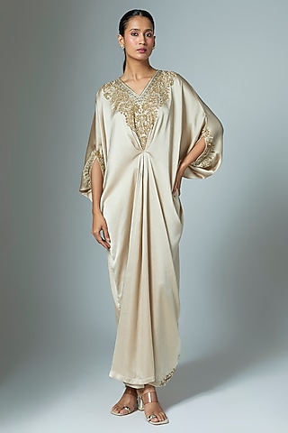 Beige Crinkle Satin Cutdana & Seep Work Kaftan by Malasa