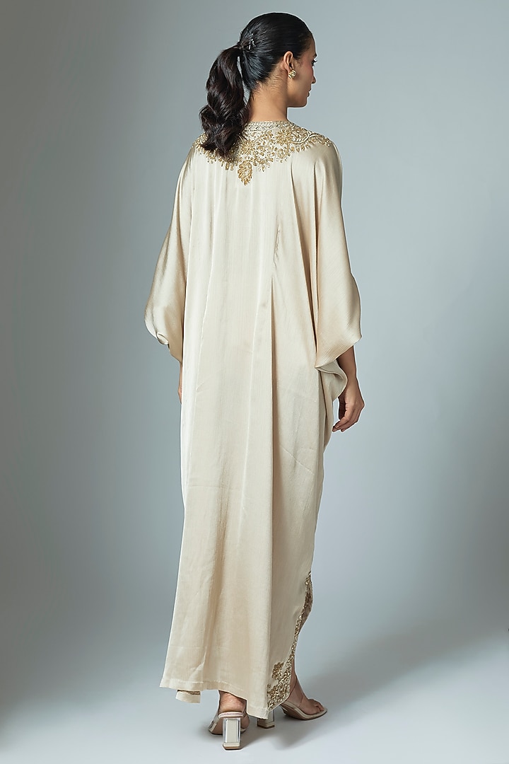 Beige Crinkle Satin Cutdana & Seep Work Kaftan by Malasa at Pernia's Pop Up Shop