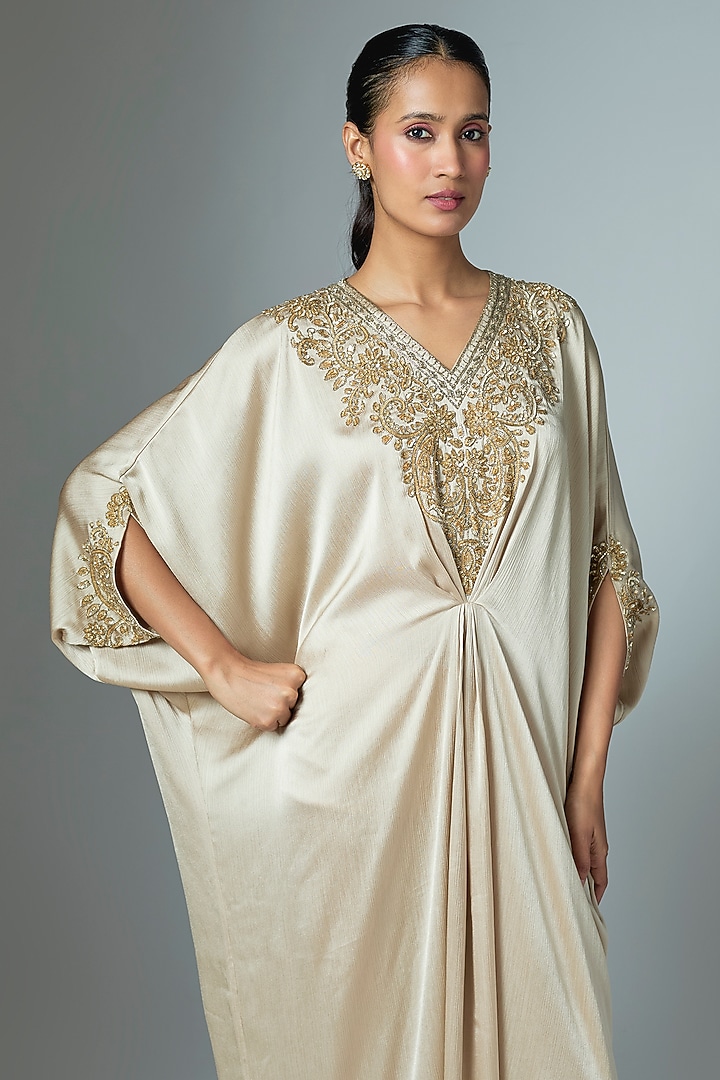 Beige Crinkle Satin Cutdana & Seep Work Kaftan by Malasa at Pernia's Pop Up Shop