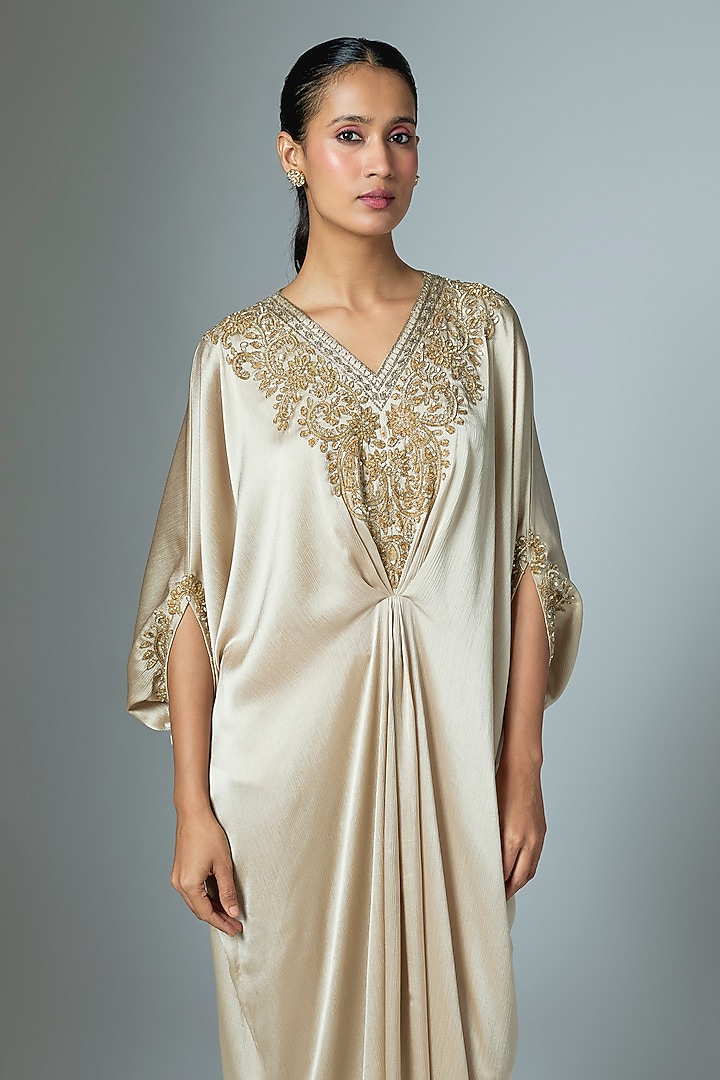 Beige Crinkle Satin Cutdana & Seep Work Kaftan by Malasa at Pernia's Pop Up Shop