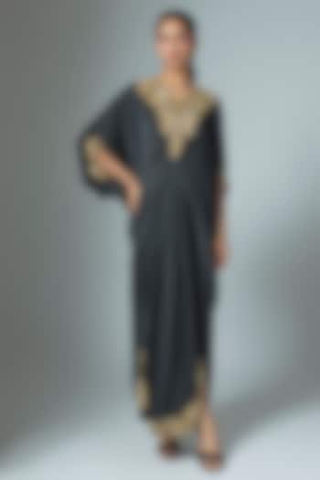 Black Crinkle Satin Cutdana & Seep Work Kaftan by Malasa at Pernia's Pop Up Shop