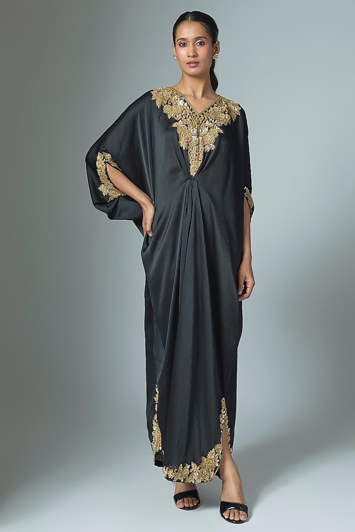Black Crinkle Satin Cutdana & Seep Work Kaftan by Malasa at Pernia's Pop Up Shop