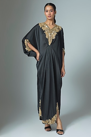 Black Crinkle Satin Cutdana & Seep Work Kaftan by Malasa