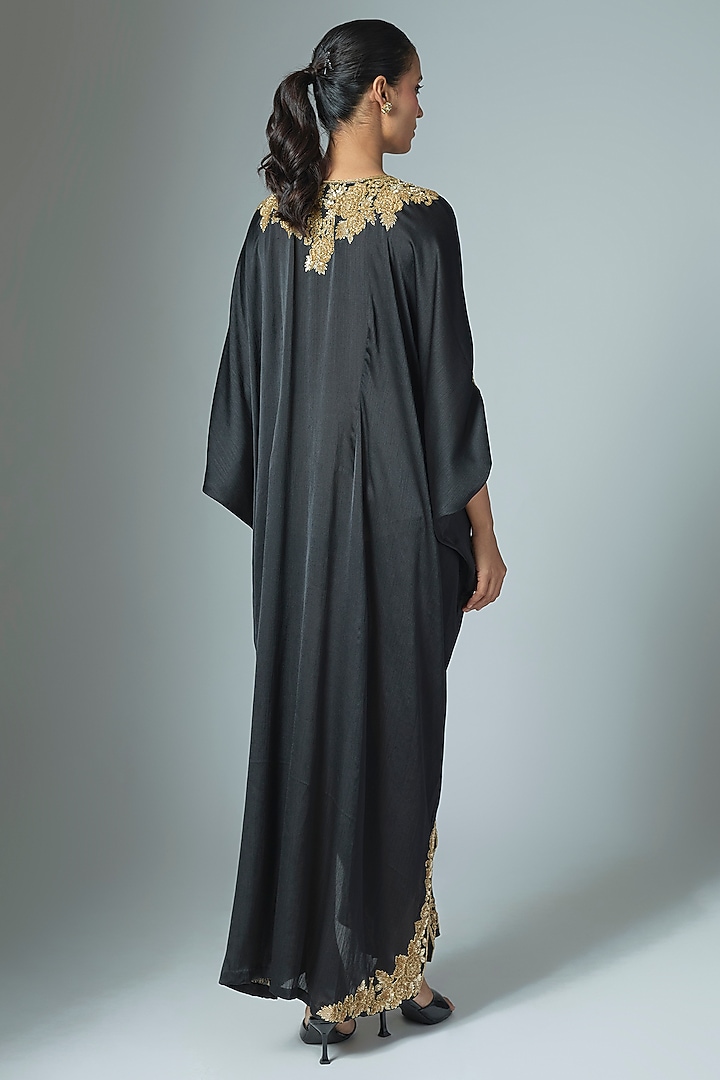 Black Crinkle Satin Cutdana & Seep Work Kaftan by Malasa at Pernia's Pop Up Shop
