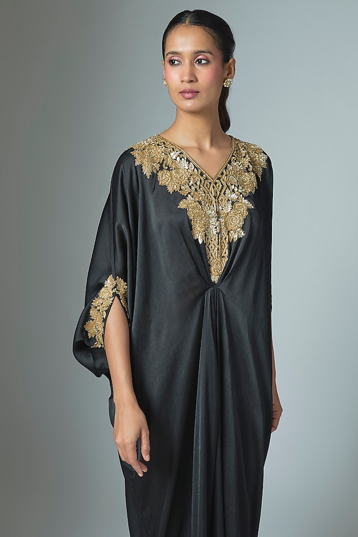 Black Crinkle Satin Cutdana & Seep Work Kaftan by Malasa at Pernia's Pop Up Shop