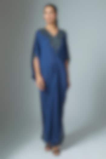 Navy Blue Crinkle Satin Cutdana & Seep Work Kaftan by Malasa at Pernia's Pop Up Shop