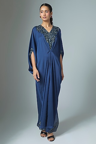 Navy Blue Crinkle Satin Cutdana & Seep Work Kaftan by Malasa