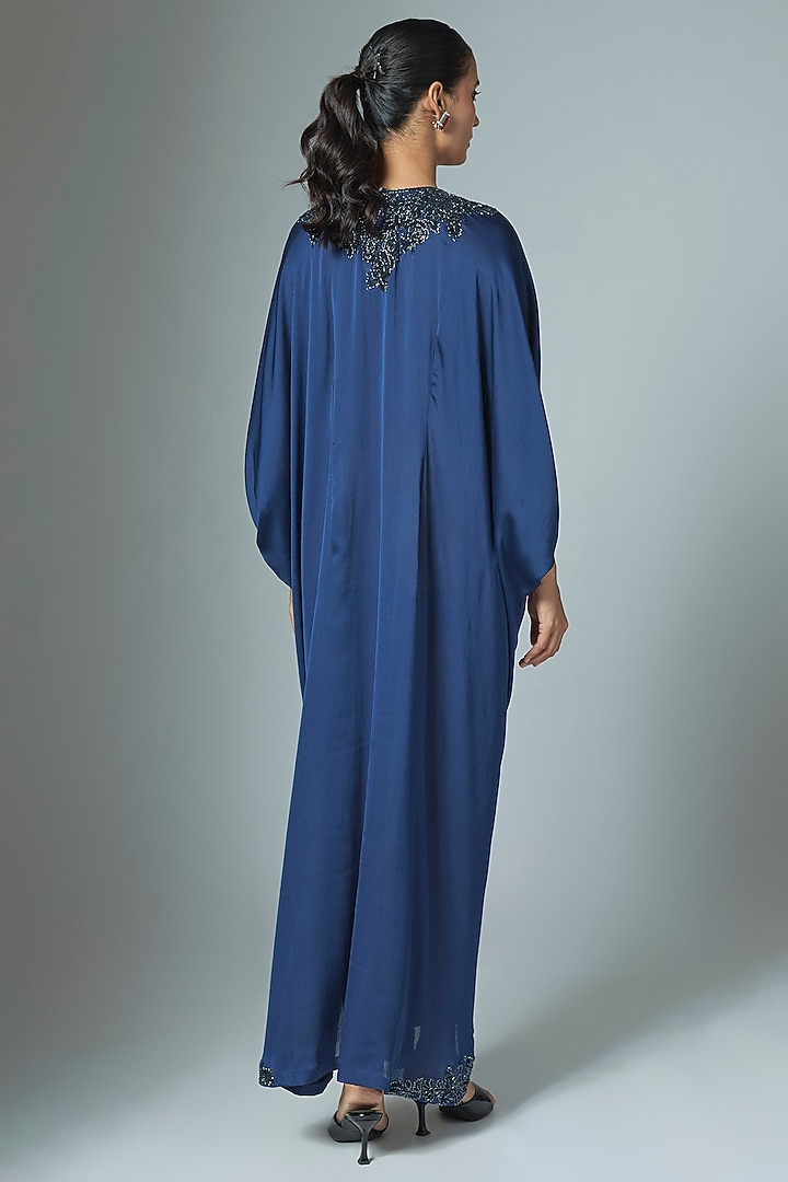 Navy Blue Crinkle Satin Cutdana & Seep Work Kaftan by Malasa at Pernia's Pop Up Shop
