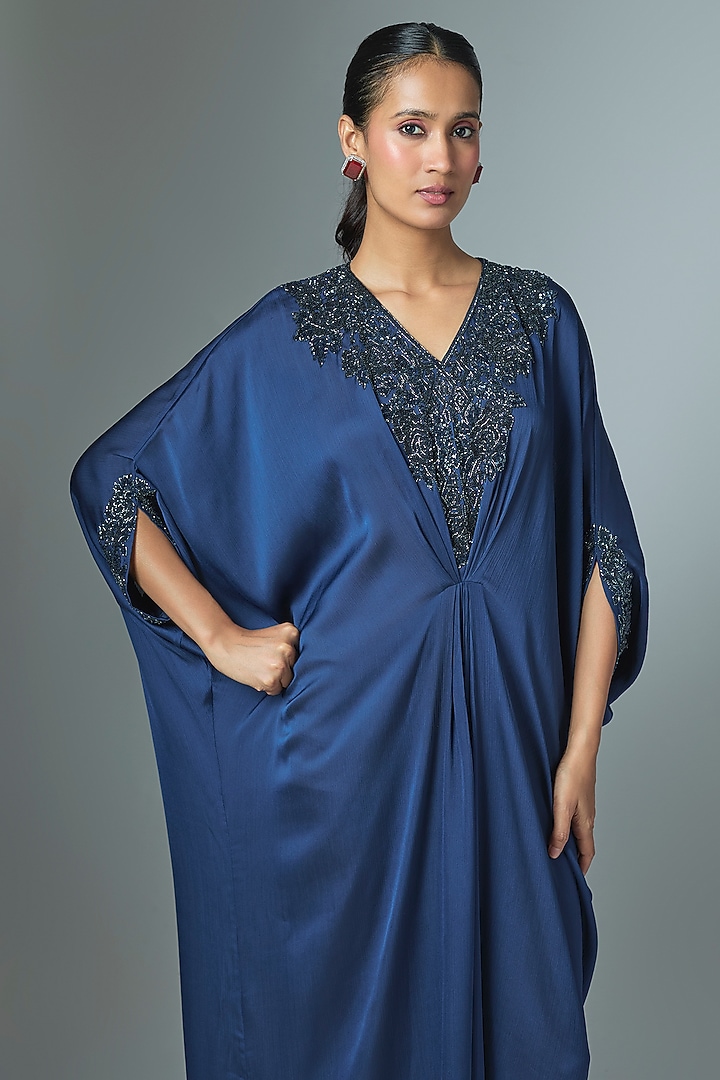 Navy Blue Crinkle Satin Cutdana & Seep Work Kaftan by Malasa at Pernia's Pop Up Shop