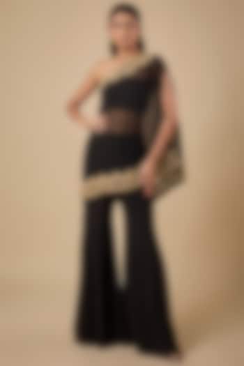 Black Georgette Cutdana Embroidered Cape Set by Malasa at Pernia's Pop Up Shop