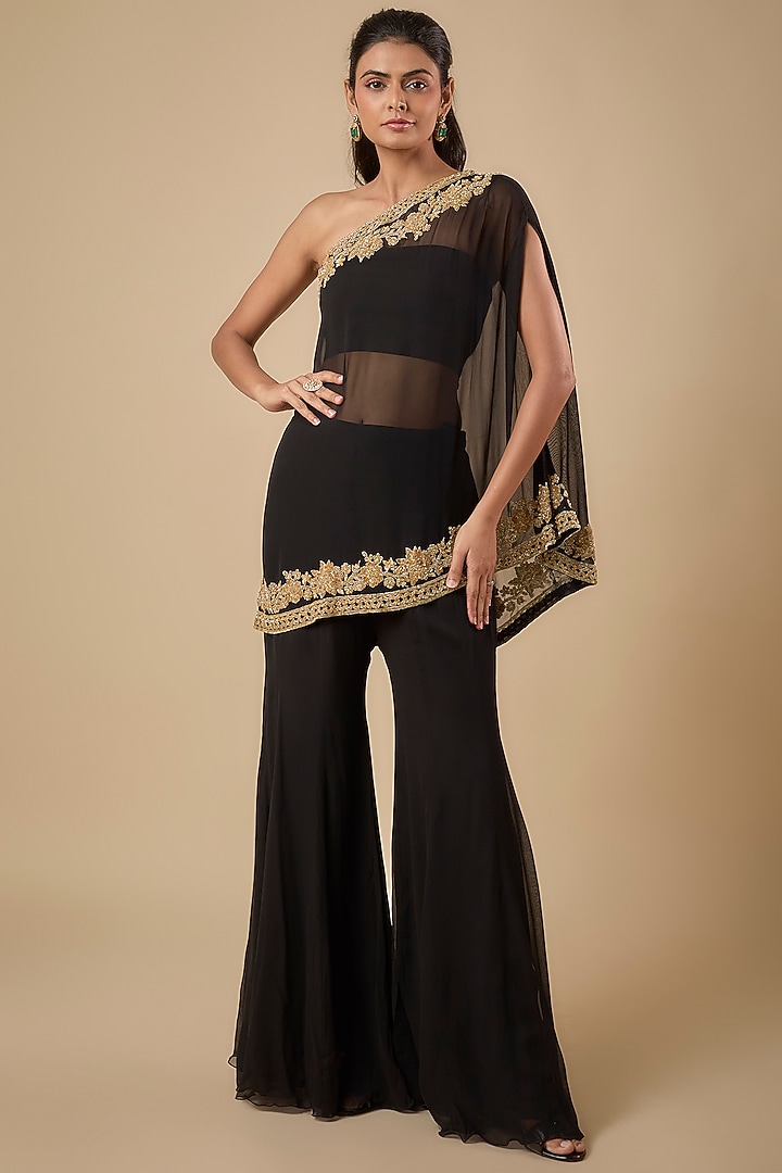Black Georgette Cutdana Embroidered Cape Set by Malasa at Pernia's Pop Up Shop