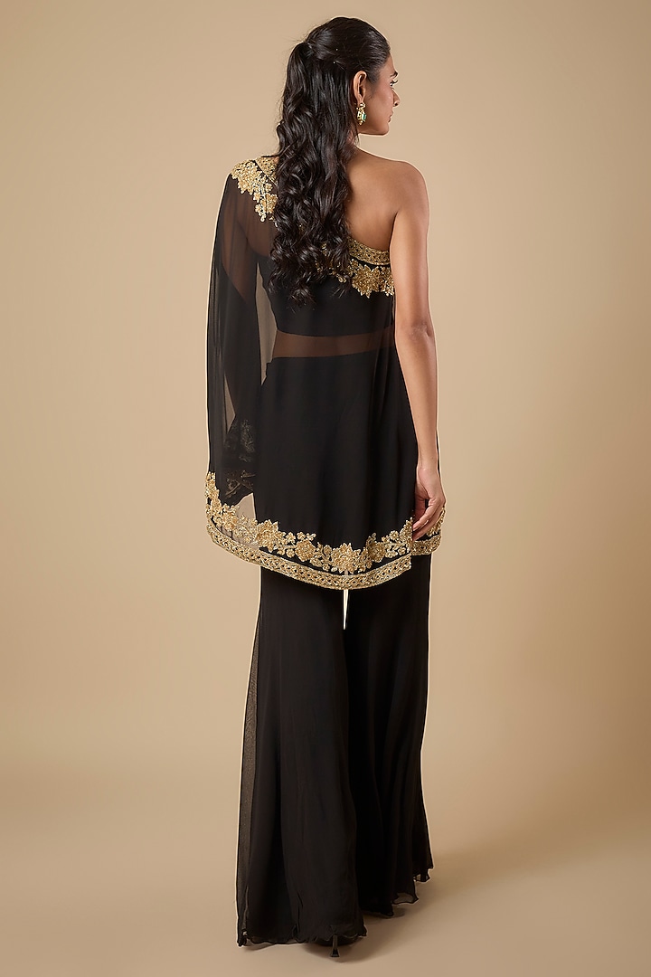 Black Georgette Cutdana Embroidered Cape Set by Malasa at Pernia's Pop Up Shop