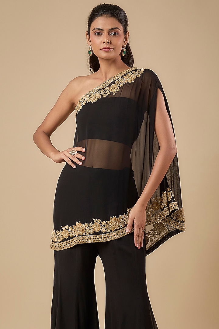 Black Georgette Cutdana Embroidered Cape Set by Malasa at Pernia's Pop Up Shop